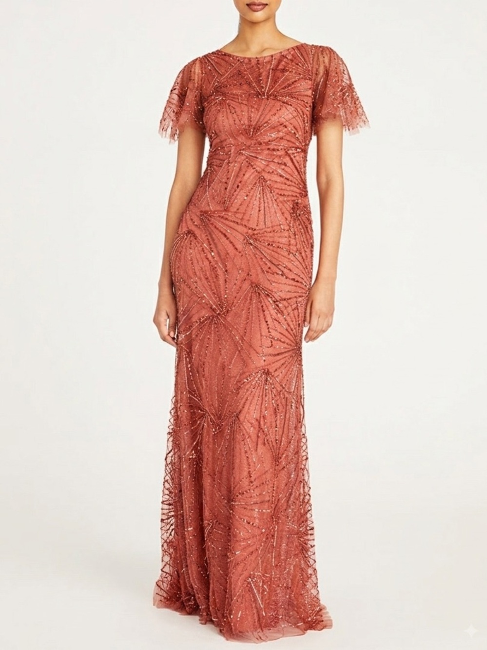 NWT Theia Esther Bateau Neck Beaded Gown Maxi Dress Antique Rose Sz 2